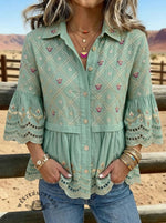 Vintage Floral Print Casual Hollow Lapel Shirt