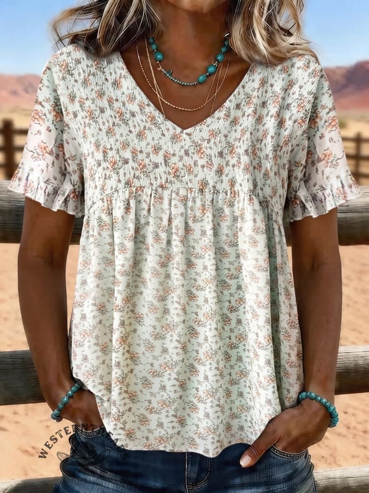 Women's Vintage Flowers Print Patchwork Casual Shirt