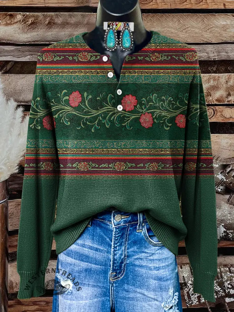 Retro Flower And Stripes Print Buttoned Cardigan Sweater