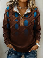 Retro Knitted Pattern Print Casual Half-zip Cotton Patchwork Sweatshirt