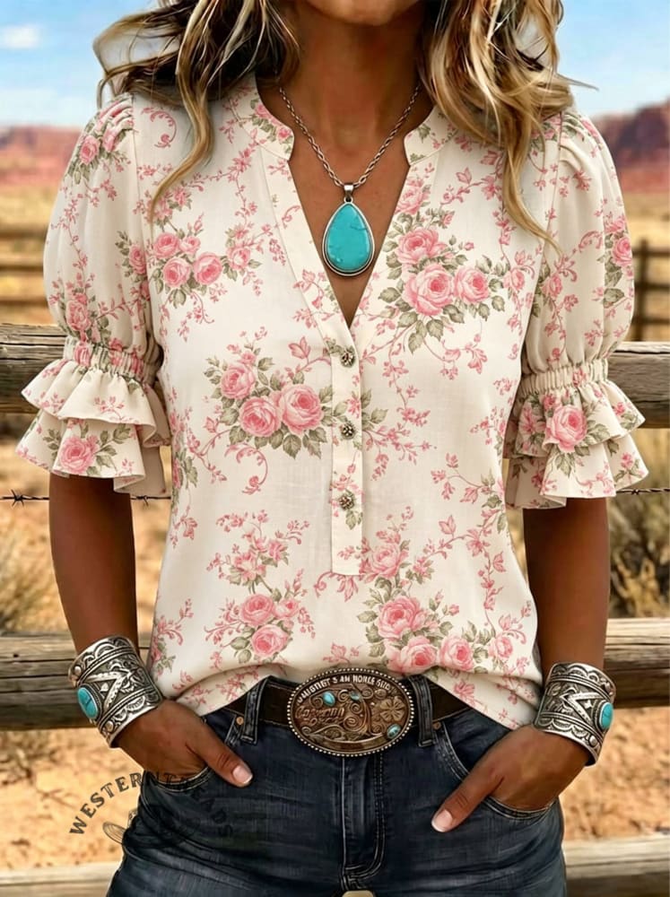 Women's Floral Print Puff Sleeve Casual Shirt