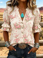 Women's Floral Print Puff Sleeve Casual Shirt