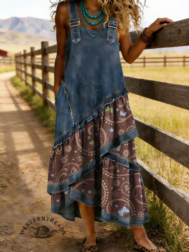 Retro Women's Floral Print Denim Patchwork Long Dress