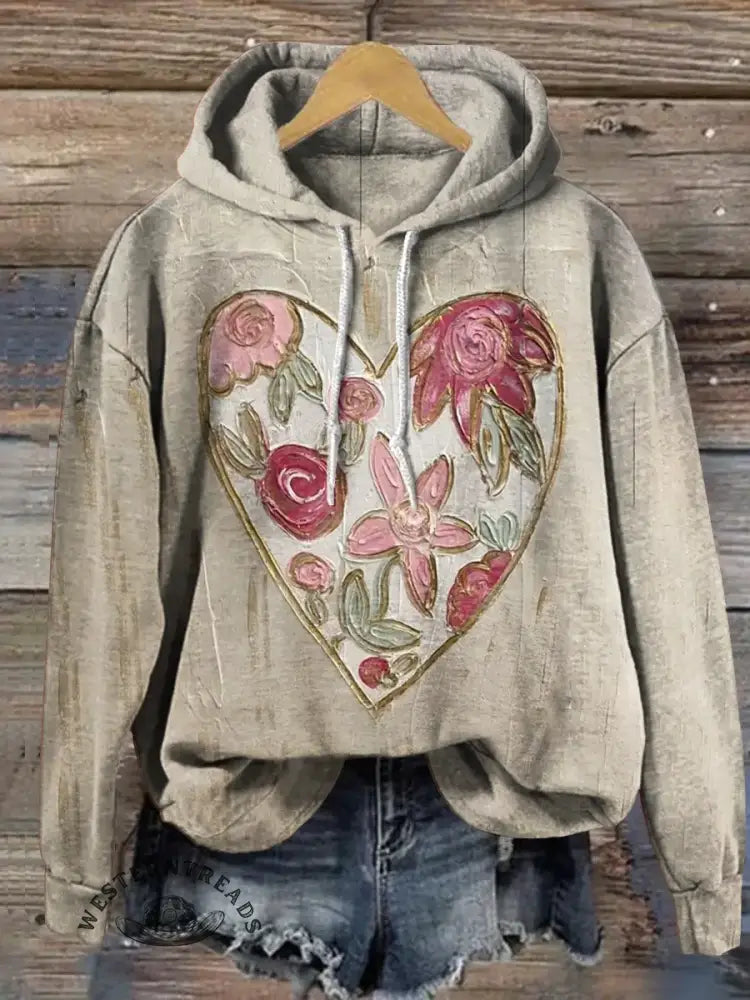 Vintage Heart Art Print Casual Cotton Hooded Sweatshirt