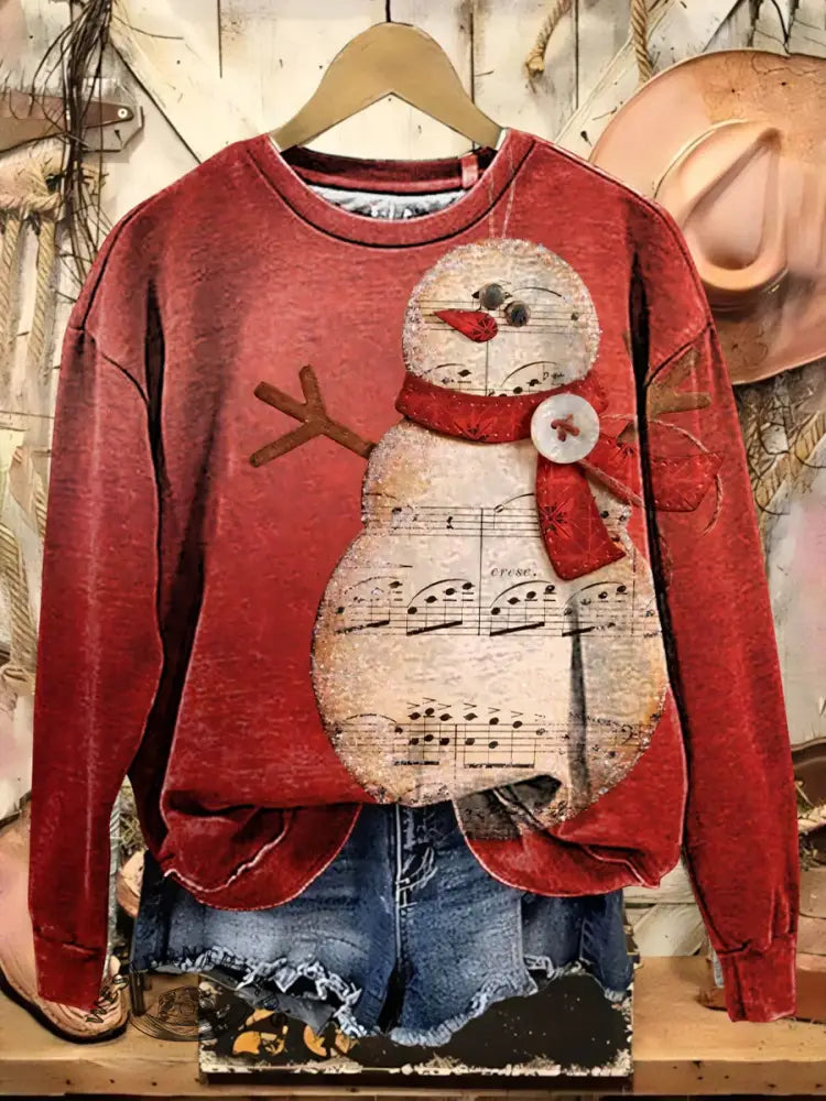 Vintage Snowman Print Casual Cotton Sweatshirt