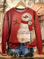 Vintage Snowman Print Casual Cotton Sweatshirt