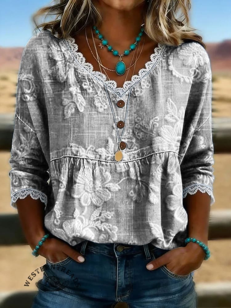 Women's Vintage Floral Print Casual Hollow-Out Denim Shirt