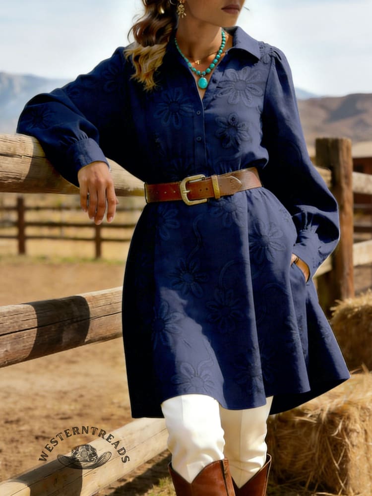 Retro Women's Three-dimensional Floral Embroidered Long Sleeve Shirt Dress