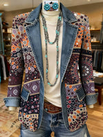 Cell Print Patchwork Denim Sweater