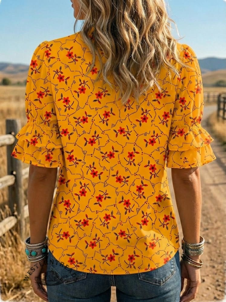 Women's Retro Floral Art Puff Sleeve Casual Shirt
