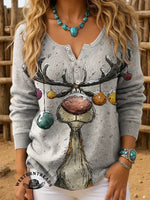 Vintage Christmas Elk Print Casual Sweatshirt