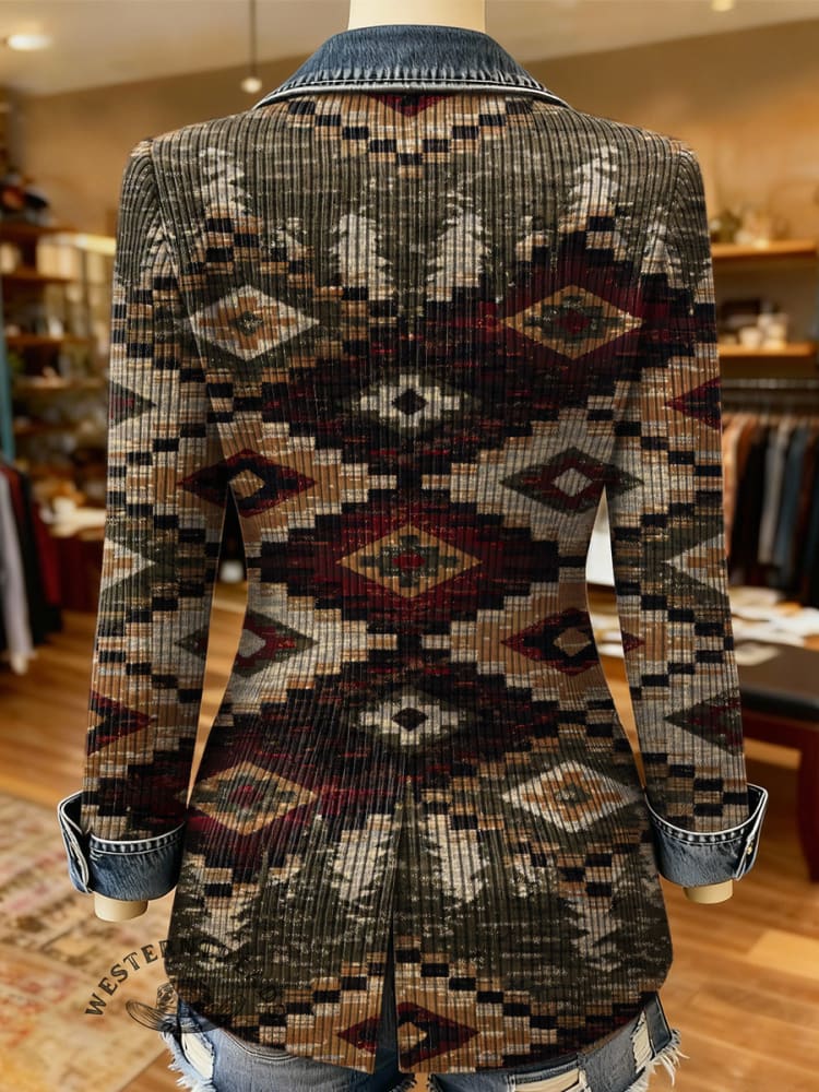 Retro Aztec Print Patchwork Denim Sweater Cardigan Coat