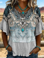 Vintage Art Print Hollowed Out Lace Patchwork T-shirt