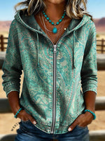 Vintage Paisley Art Print Casual Long Sleeve Denim Zipper Hoodie Coat