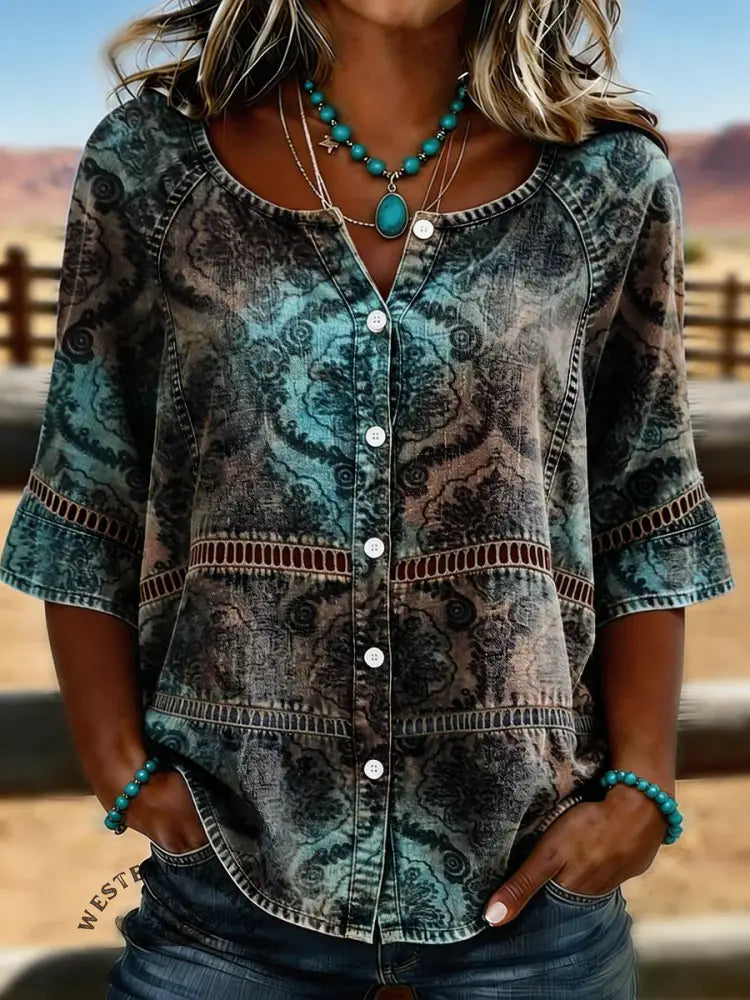 Women's Vintage Pattern Print Casual Hollow-out Denim Shirt