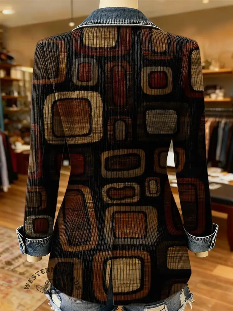 Retro Geometric Art Print Patchwork Denim Sweater Cardigan Coat