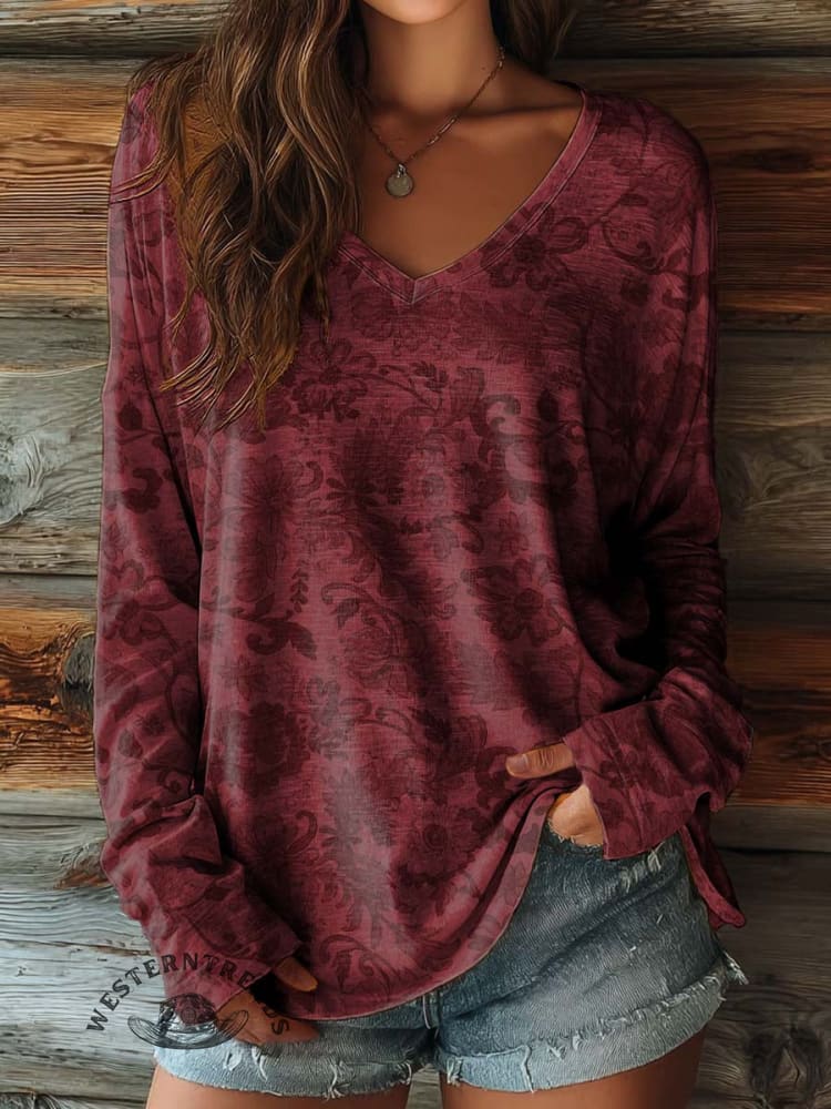 100% Cotton🍃Women's Floral Art Print Casual V-neck Long Sleeve T-shirt