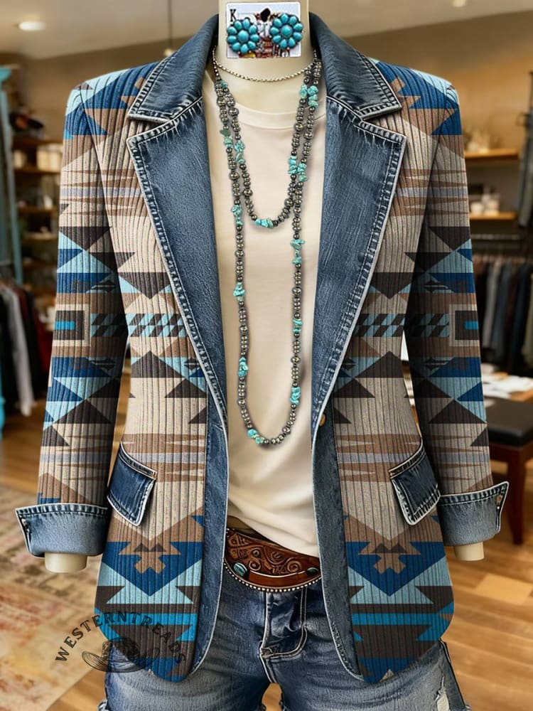 Aztec Print Patchwork Denim Sweater