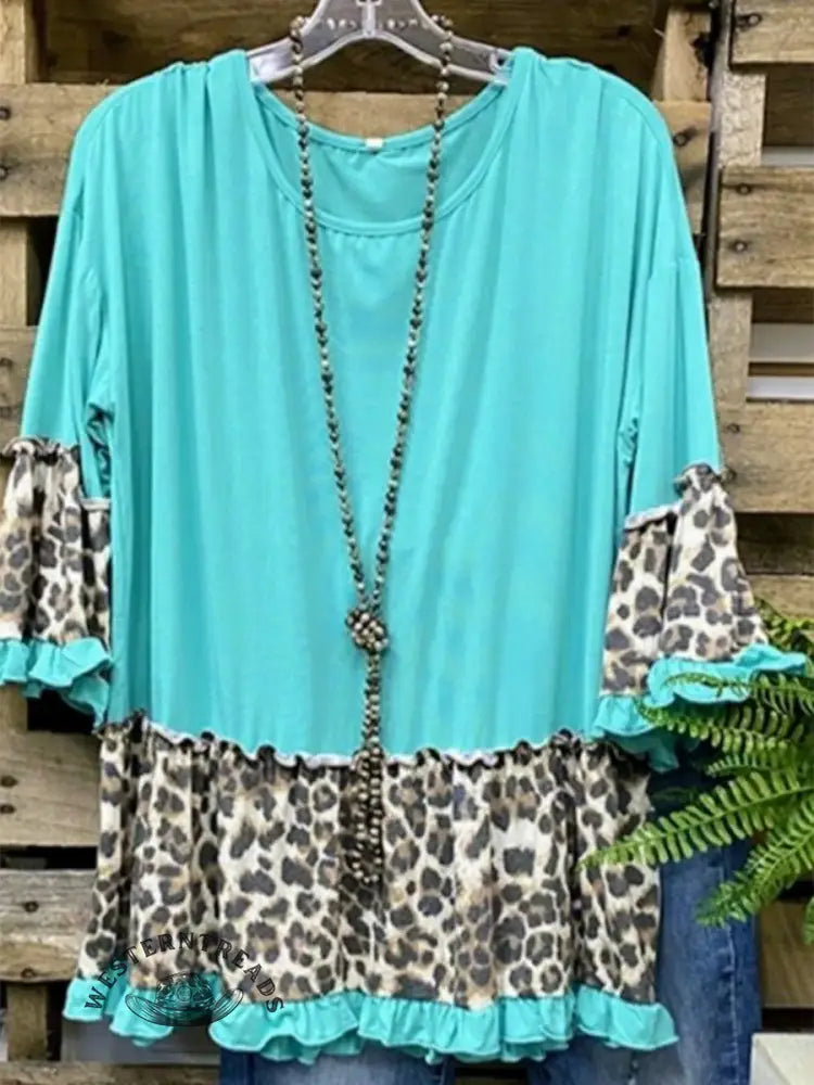 Women's Leopard Print Patchwork Ruffle-trimmed Round Neck Top
