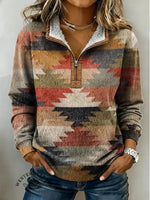 Women's Color Aztec Print Casual Color-blocked Casual Half-zip Cotton Sweatshirt