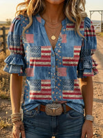 Vintage American Flag Art Print V-neck Puff Sleeve Ruffle Shirt