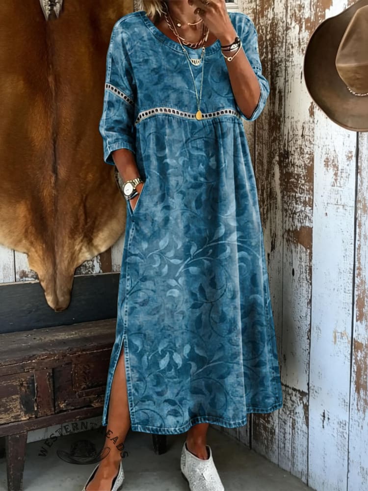 Women's Floral Art Print Round Neck Hollow Denim Dress