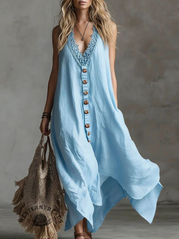 Women's Solid Color Sleeveless Cotton And Linen Tank Dress