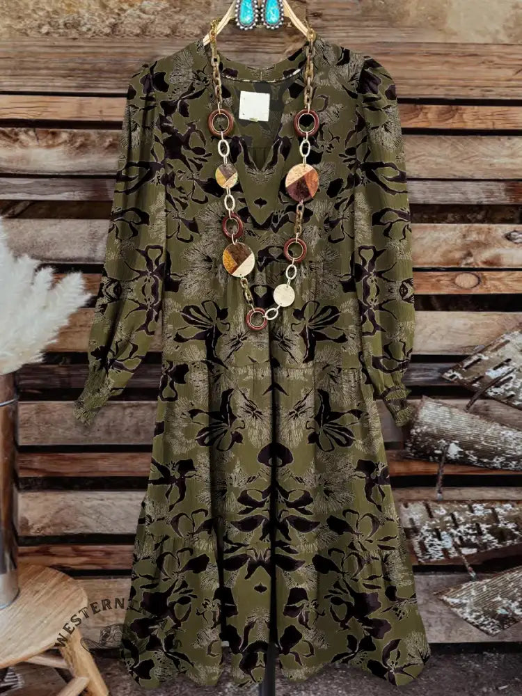 Vintage Contrast Western Style Cotton And Linen Midi Dress