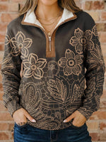 Vintage Print Casual Half-zip Cotton Sweatshirt