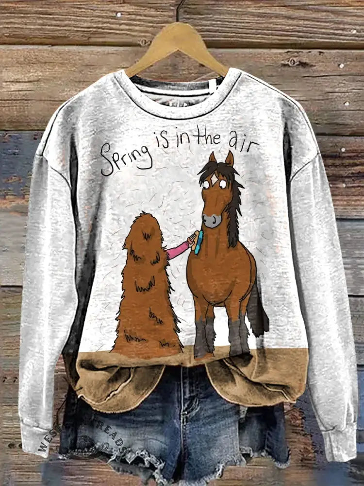 Spring Is In The Air Horse Art Print Casual Cotton Sweatshirt