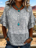 Retro Hollow-Out Lace & Ruffle-Trim Short Sleeve Spliced T-Shirt