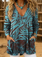 Women's Vintage Printed Casual Knitted V-Neck Pocket Top