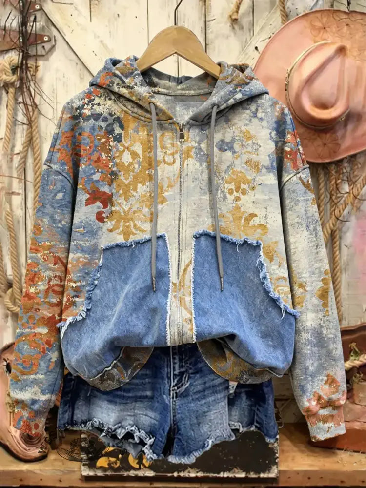 Retro Print Casual Cotton Patchwork Hooded Zip-up Sweatshirt