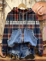 Retro Print Casual Cotton Patchwork Hooded Zip-up Sweatshirt