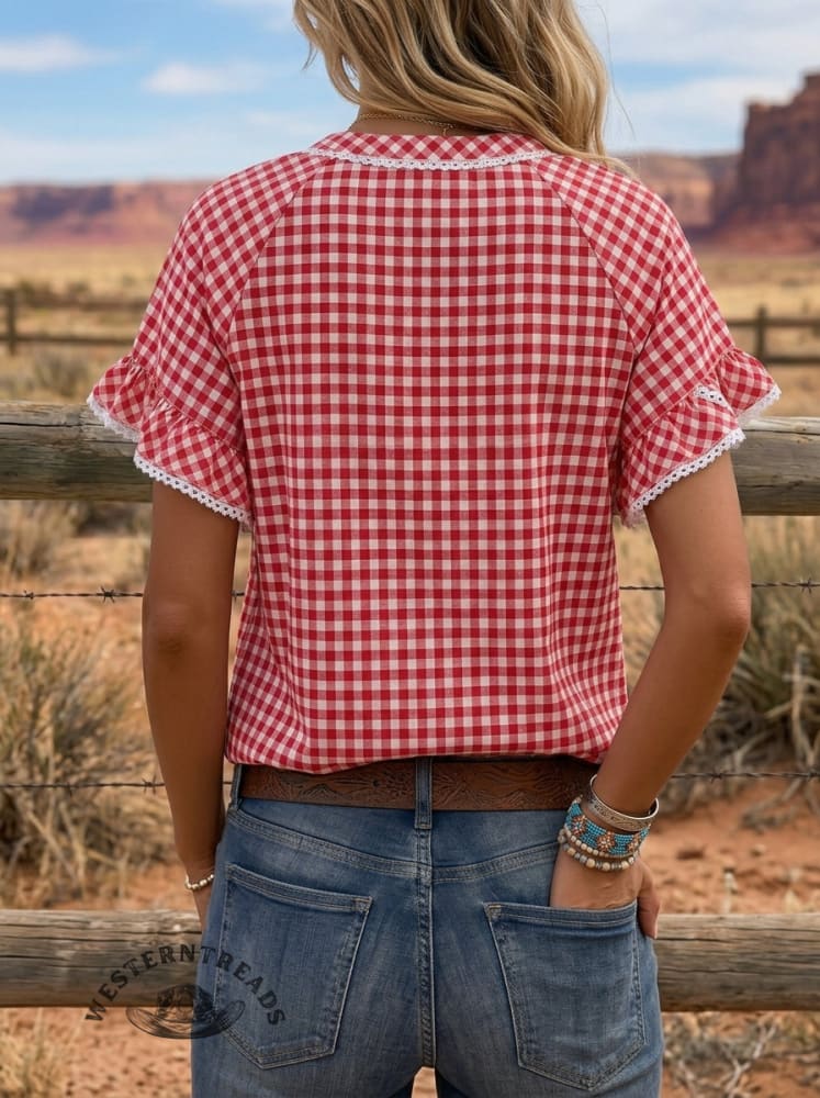 Retro Red Gingham V-Neck Ruffle Blouse