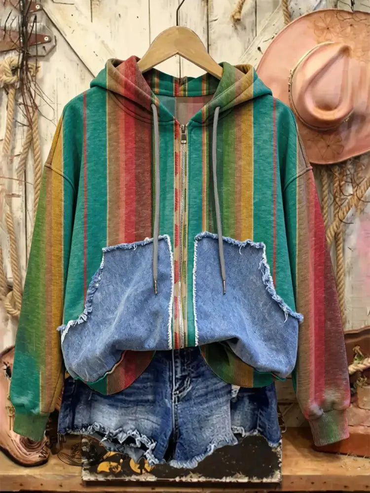 Retro Print Casual Cotton Patchwork Hooded Zip-up Sweatshirt