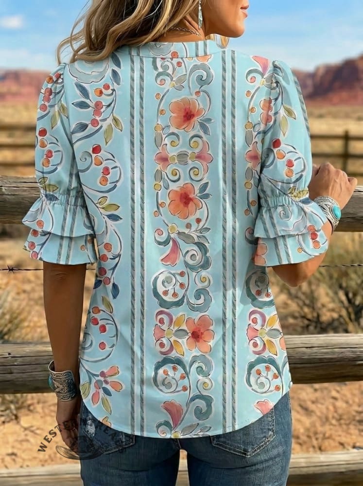 Women's Retro Floral Art Puff Sleeve Casual Shirt