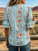 Women's Retro Floral Art Puff Sleeve Casual Shirt