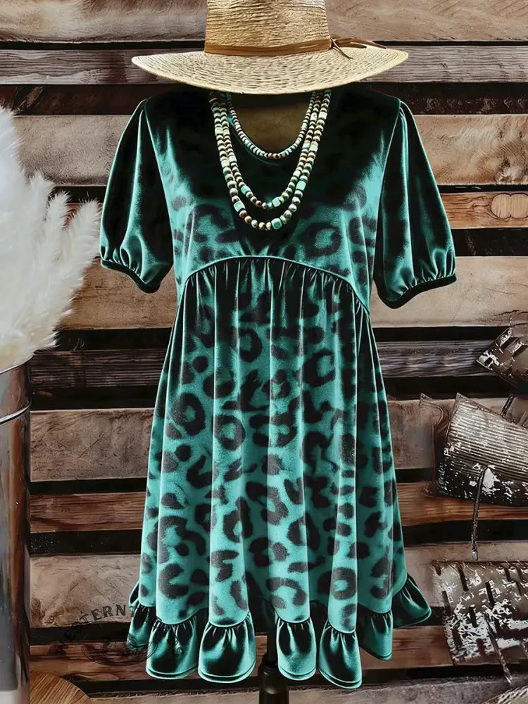 Women's Leopard Print Casual Short Sleeve Velvet Dress