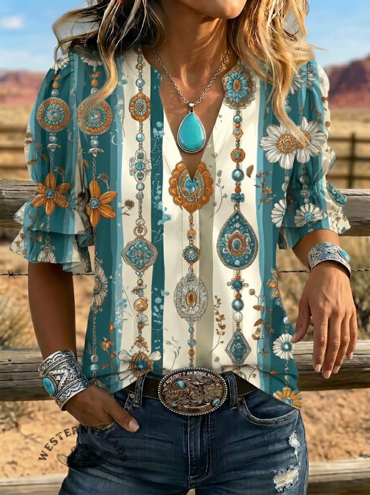 Women's Retro Floral Art Puff Sleeve Casual Shirt