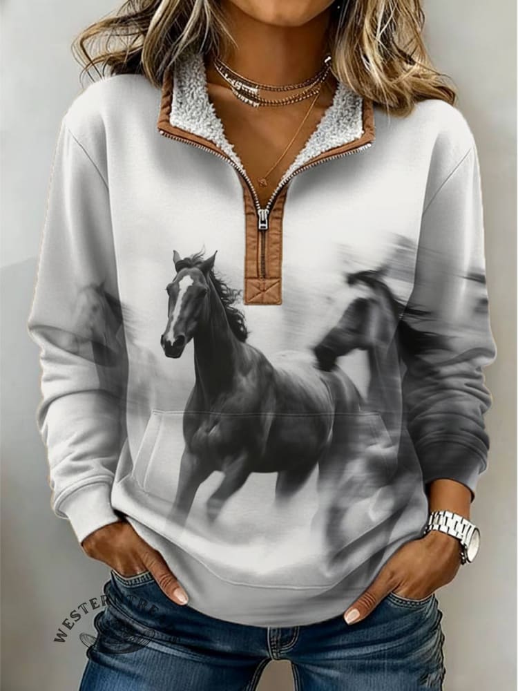 Horse Print Casual Half-zip Cotton Sweatshirt