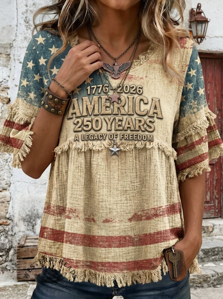Vintage 250th Anniversary Fourth Of July Print Patchwork Shirt