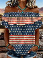 Women's Vintage US Independence Day Flowers Print Elastic Off-Shoulder Double-Layer Casual Shirt