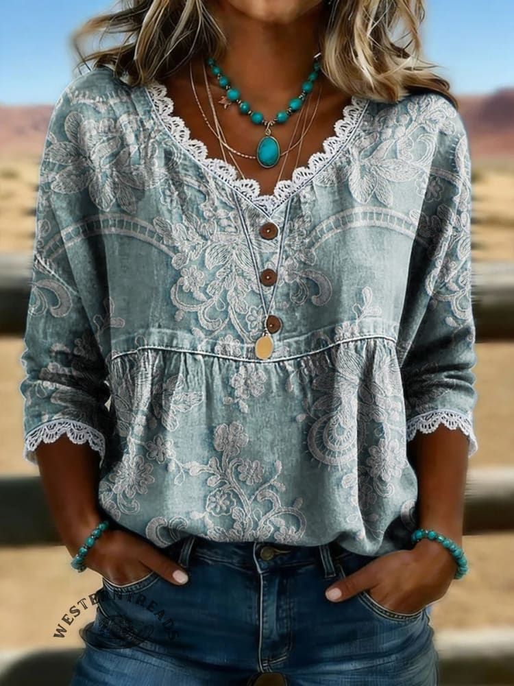 Women's Vintage Floral Print Casual Hollow-Out Denim Shirt