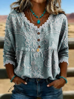 Women's Vintage Floral Print Casual Hollow-Out Denim Shirt