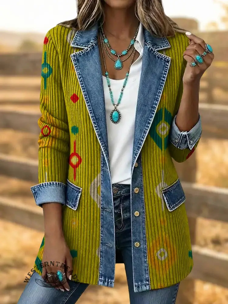 Retro Art Print Patchwork Denim Sweater Cardigan Coat