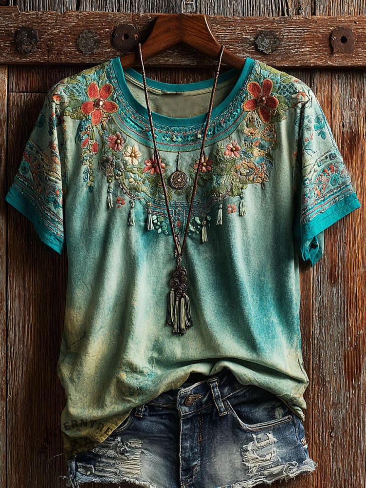 Ethnic Flowers Art Print Casual Short Sleeve T-shirt