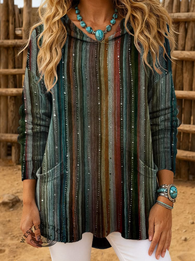 Vintage Western Stripes Print Casual Knitted Hoodie Sweater
