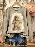 Vintage Christmas Gingerbread Man Print Casual Cotton Sweatshirt