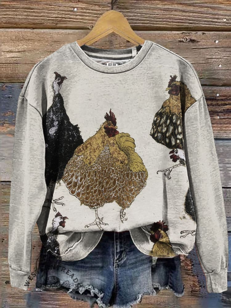 Vintage Chicken Art Print Casual Sweatshirt